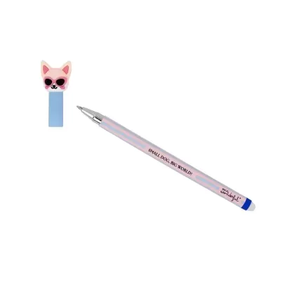 Caneta com tampa azul e aplique de silicone de cabeça de cão