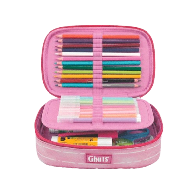 Estojo escolar rosa aberto com material de escrita colorido