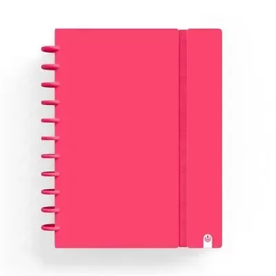 Caderno rosa com argolas e elástico de fecho