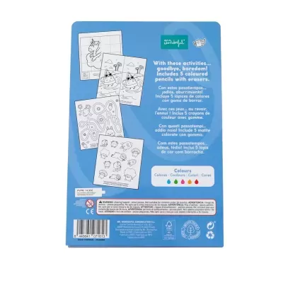 Embalagem azul com texto e imagens de atividades para crianças