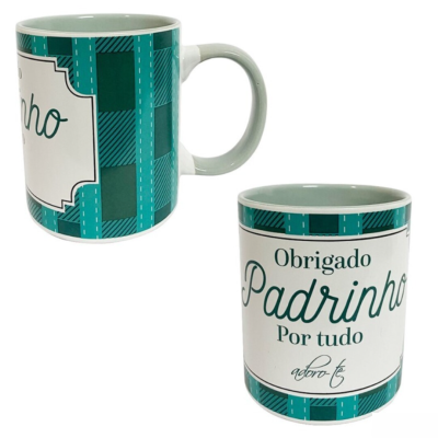Caneca cerâmica verde com texto Obrigado Padrinho Por tudo adoro-te