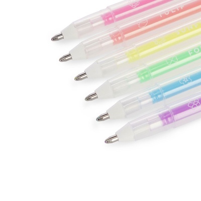 Canetas esferográficas translúcidas em várias cores pastel com ícones florais