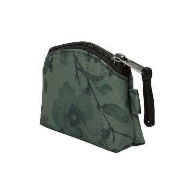 Bolsa pequena verde com padrão floral e fecho de correr preto