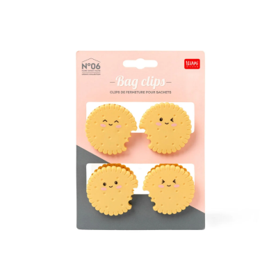 Conjunto de 4 clips para sacos em forma de bolachas amarelas com carinhas em embalagem