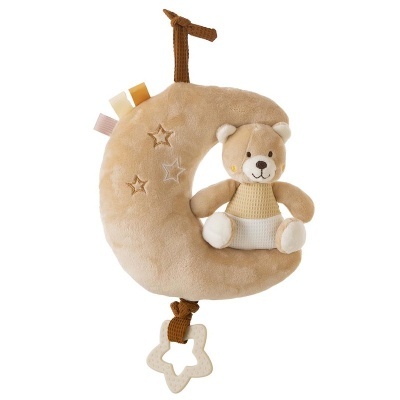 Adereço para berço em peluche com lua e ursinho cor de bege e mordedor em forma de estrela