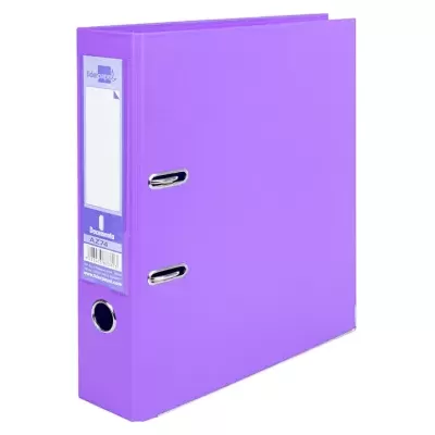 Arquivador roxo com mecanismo metálico e etiqueta