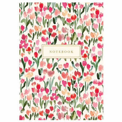 Caderno com capa floral colorida e texto 'NOTEBOOK' centralizado