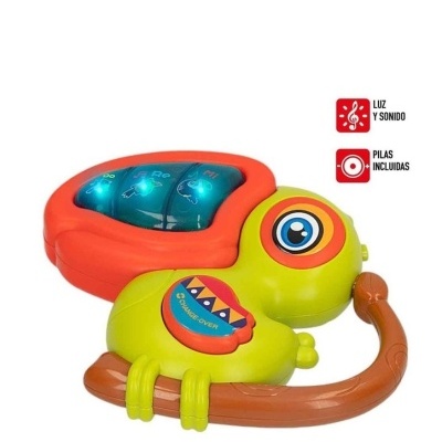 Brinquedo infantil tartaruga verde e laranja com luzes azuis e botões coloridos