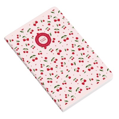 Caderno rosa com padrão de cerejas e texto BOOK IN BOOK LETTERING