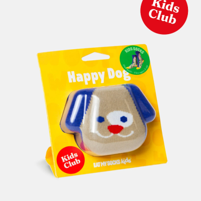 Meias infantis em forma de rosto de cão em embalagem amarela