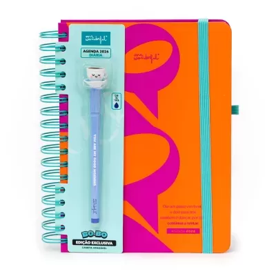 Agenda 2026 diária colorida com caneta apagável azul e embalagem com texto