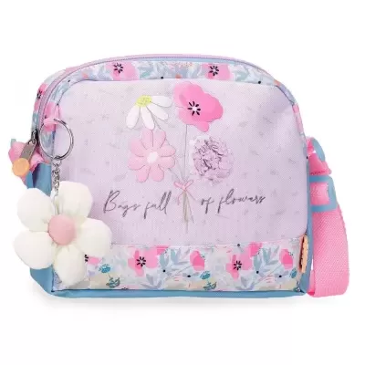 Mala pequena floral lilás com chaveiro de flor branca