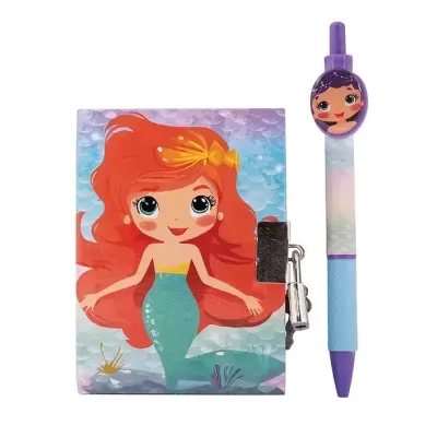 Caderno com capa de sereia e caneta decorada