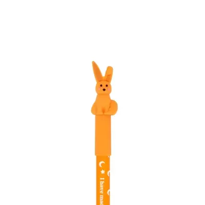 Caneta laranja com tampa em forma de coelho