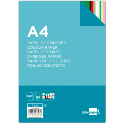 Pacote de papel colorido A4 da marca Liderpapel com texto multilingue e 100 folhas