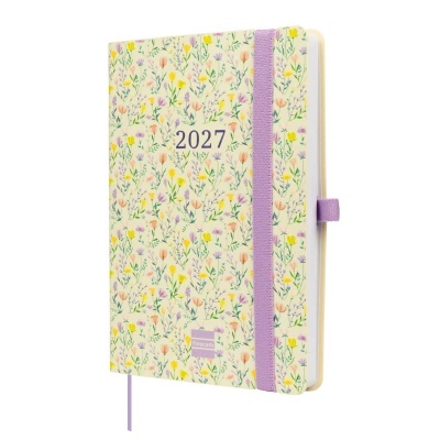 Agenda 2027 com capa floral e elástico lilás para fechar