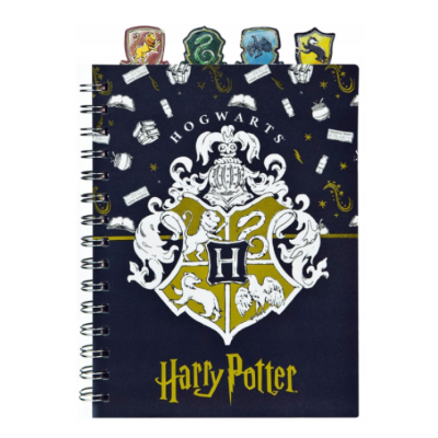 Caderno Harry Potter com capa preta e separadores coloridos das casas de Hogwarts