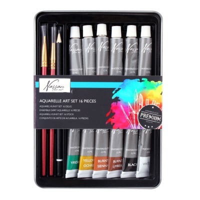 Conjunto de tinta aquarela com 16 peças incluindo tubos de tinta coloridos, pincéis e lápis numa caixa preta.