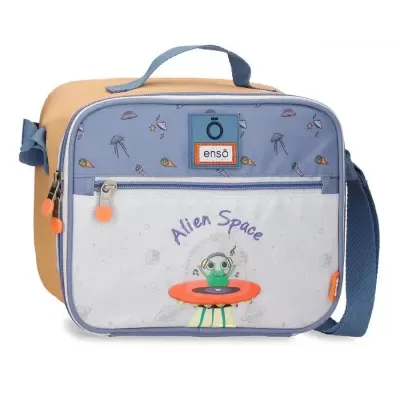 Mala infantil azul e bege com estampa de alienígena e texto Alien Space