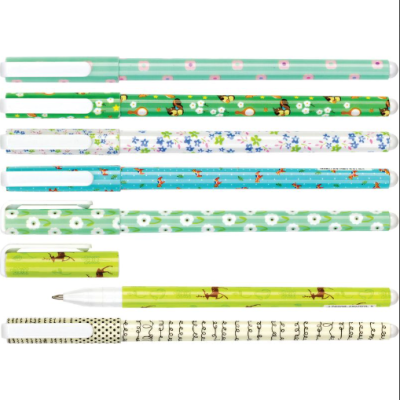 Oito canetas esferográficas com vários desenhos coloridos e tampas correspondentes