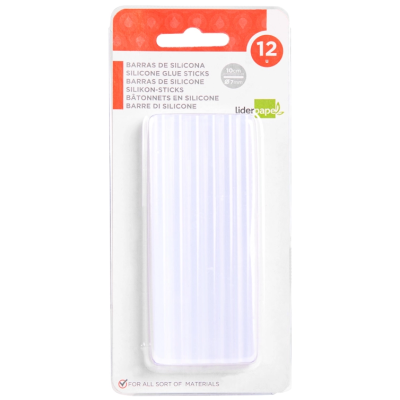 Pacote de barras de silicone para cola em cartão branco e vermelho com texto multilíngue