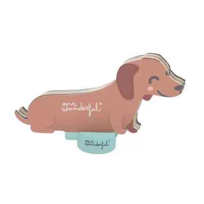 Bloco de notas em forma de cão castanho com orelhas escuras e sorriso