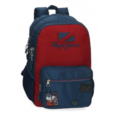 Mochila Pepe Jeans vermelha com bolsos azuis e logotipo bordado