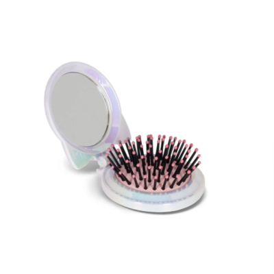 Escova de cabelo compacta com espelho e cerdas pretas com pontas rosa