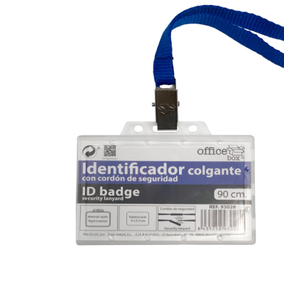 Identificador colgante em plástico transparente com cordão azul e etiqueta de identificação.