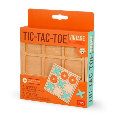 Jogo Tic-Tac-Toe Vintage Memories com peças de madeira em embalagem laranja e azul