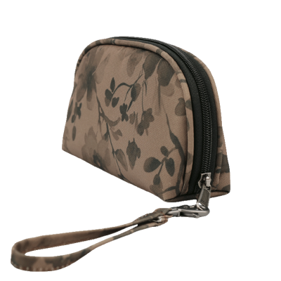 Bolsa pequena castanha com padrão floral preto e fecho de correr