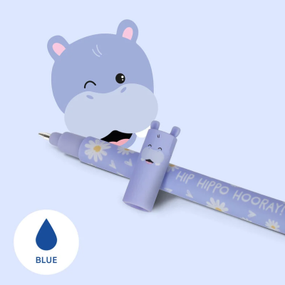 Caneta azul com decoração de hipopótamo e texto 'HIP HIPPO HOORAY!' em fundo lilás