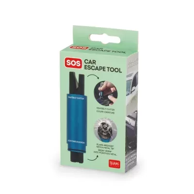 Caixa de ferramenta SOS para escape de carro em papel cartão verde claro com imagens do produto azul metálico