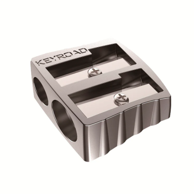 Apontador metálico prateado com duas entradas para lápis e gravação KEYROAD.