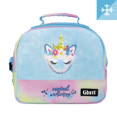 Mala de criança azul com estampado de unicórnio e texto