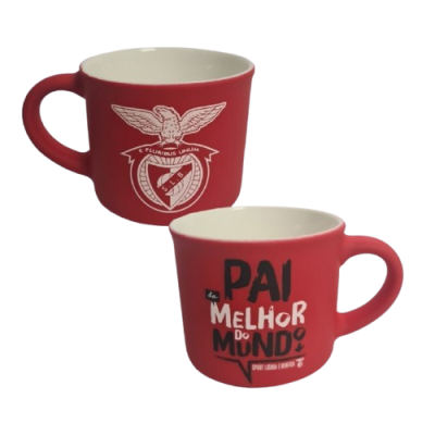Duas canecas vermelhas com emblema do SL Benfica e frase PAI MELHOR DO MUNDO