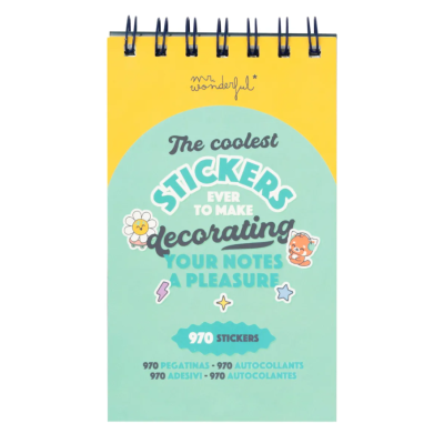 Caderno espiral com capa amarela e verde-água e texto sobre autocolantes