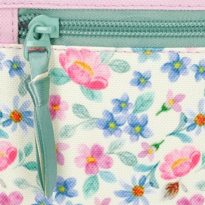 Bolsa com padrão floral colorido e fecho verde-água