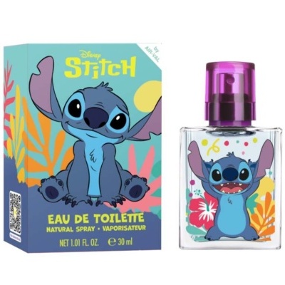 Perfume Disney Stitch em frasco transparente com tampa roxa e caixa azul colorida