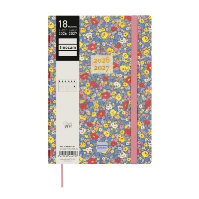 Agenda anual com capa floral azul e flores coloridas com elástico rosa