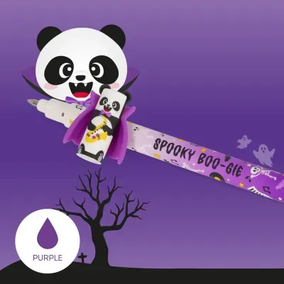 caneta decorativa roxa com panda e tema halloween
