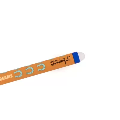 Lápis laranja com ferraduras azuis e texto mr wonderful