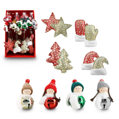 Conjunto de decoração natalícia com sinos em formas de estrela, árvore, luva e chapéu em vermelho, verde, dourado e branco.