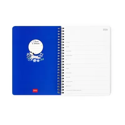 Agenda anual azul com capa rígida e espiral aberta na página de dados pessoais