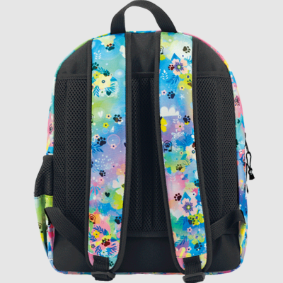 Mochila colorida com padrão floral e pegadas de patas vista de costas