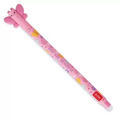 Caneta rosa decorativa com tampa em forma de borboleta e texto motivacional