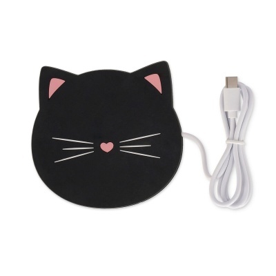 Base aquecedora elétrica em formato de gato preto com cabo USB branco