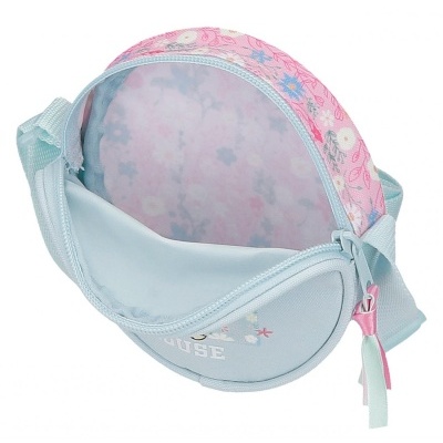 Pochete azul-claro e rosa com padrão floral e texto MUSE