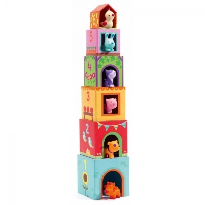 Torre colorida de blocos numerados com figuras de animais em janelas