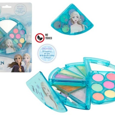 Conjunto maquilhagem Frozen com sombras, brilhos e pincel em estojo azul leque